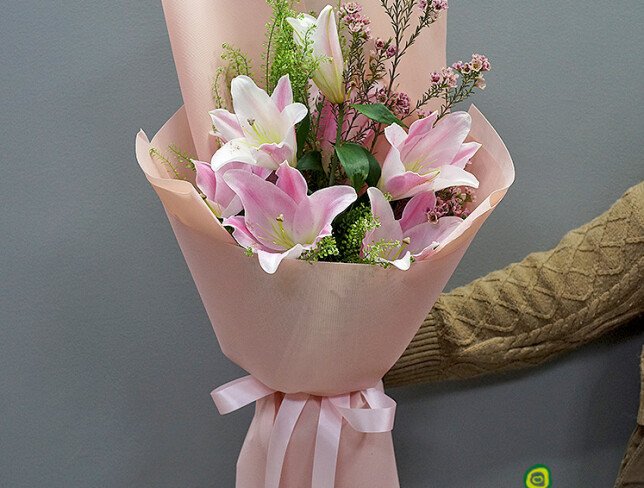 Bouquet with pink lilies and waxflower "Flower Joy" photo