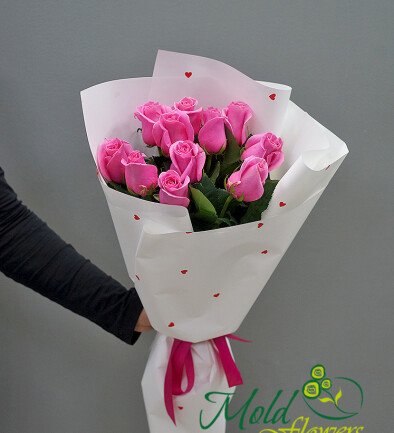 Bouquet of 11 pink roses, 60 cm