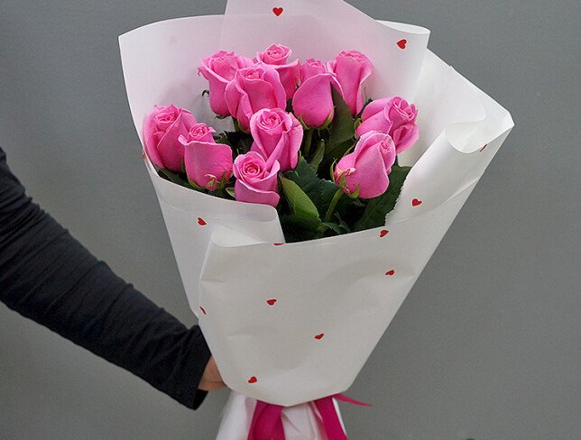 Bouquet of 11 pink roses, 60 cm