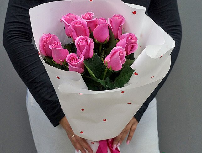 Bouquet of 11 pink roses, 60 cm — photo 2