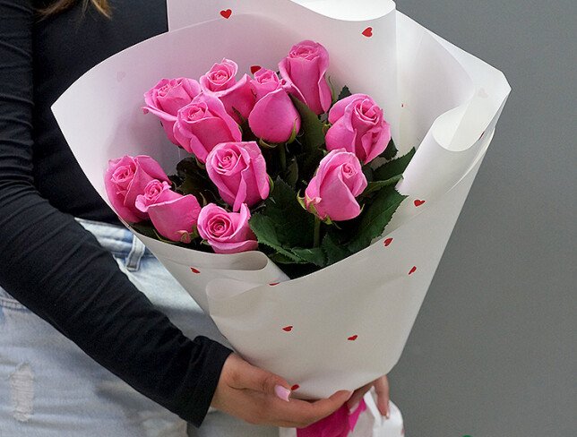 Bouquet of 11 pink roses, 60 cm — photo 3