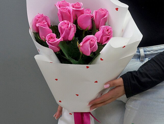 Bouquet of 11 pink roses, 60 cm — photo 4