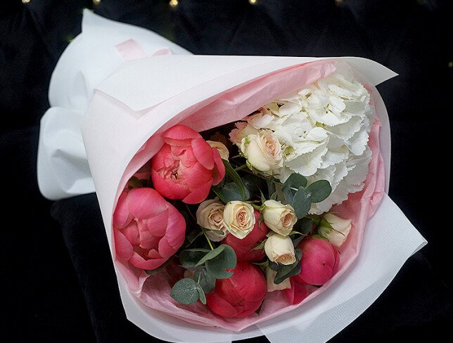 Bouquet of hydrangea, spray roses and Dutch peonies «Coral Charm» photo