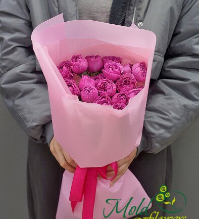 Buchet din 7 trandafiri roz de tip bujor spray „Misty Bubbles” foto 394x433