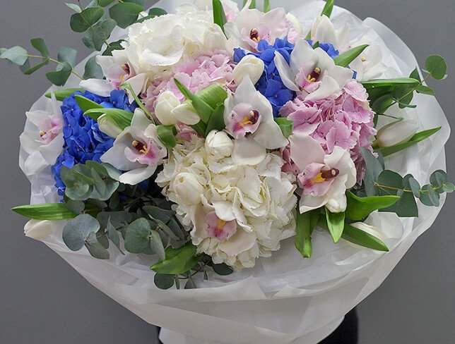 Bouquet of hydrangeas, tulips and orchids “White Harmony” photo