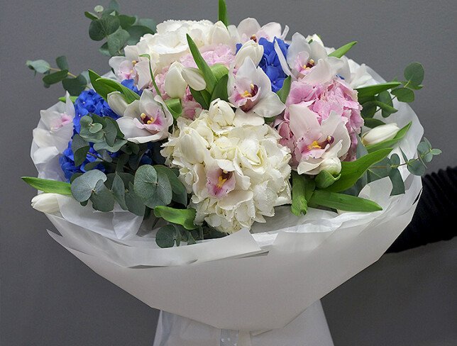 Bouquet of hydrangeas, tulips and orchids “White Harmony” photo