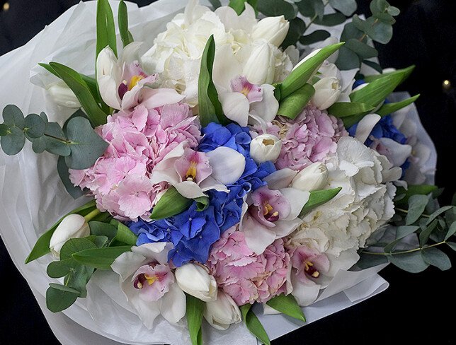 Bouquet of hydrangeas, tulips and orchids “White Harmony” photo