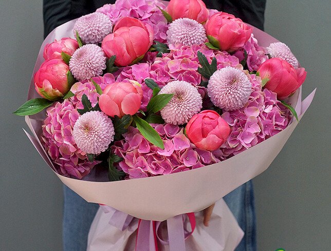 Bouquet with Pink Hydrangeas, Chrysanthemums and Dutch Coral Charm Peonies photo
