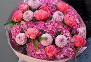 Bouquet with Pink Hydrangeas, Chrysanthemums and Dutch Coral Charm Peonies — photo 2