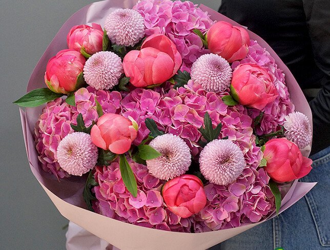 Bouquet with Pink Hydrangeas, Chrysanthemums and Dutch Coral Charm Peonies photo