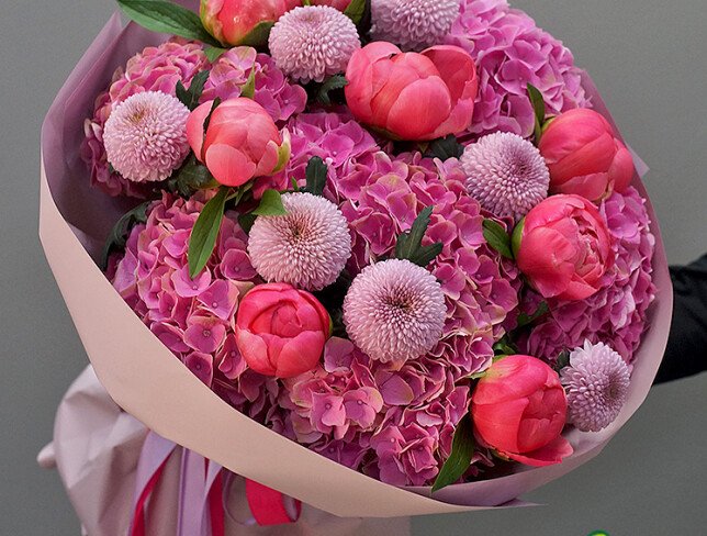Bouquet with Pink Hydrangeas, Chrysanthemums and Dutch Coral Charm Peonies photo