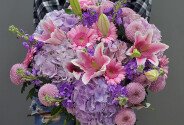 Bouquet of Purple Hydrangeas, Pink Lilies and Gerberas — photo 1