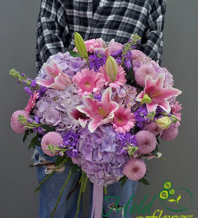 Bouquet of Purple Hydrangeas, Pink Lilies and Gerberas photo 394x433