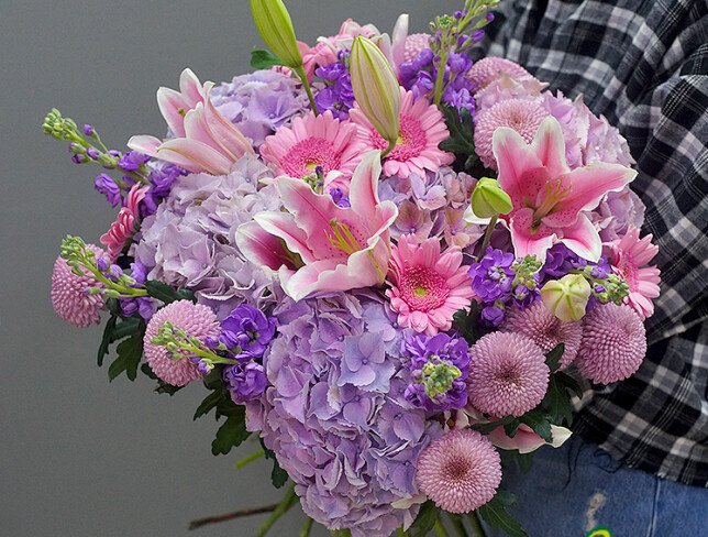 Bouquet of Purple Hydrangeas, Pink Lilies and Gerberas photo