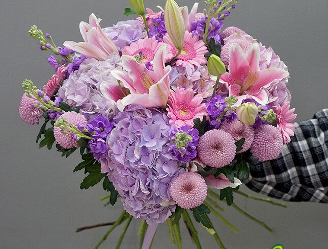 Bouquet of Purple Hydrangeas, Pink Lilies and Gerberas photo