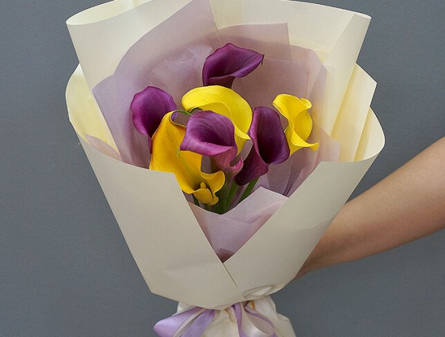 Bouquet with Yellow and Purple Calla Lilies photo