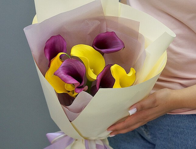 Bouquet with Yellow and Purple Calla Lilies photo