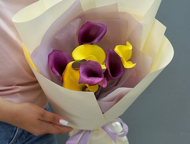 Bouquet with Yellow and Purple Calla Lilies photo