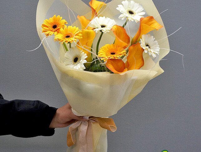 Bouquet with Gerberas and Calla Lilies “Sunny Sunrise” photo