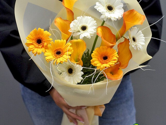 Bouquet with Gerberas and Calla Lilies “Sunny Sunrise” photo