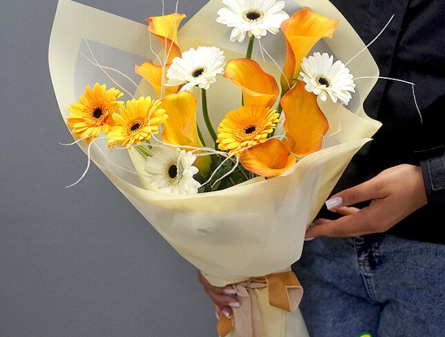 Bouquet with Gerberas and Calla Lilies “Sunny Sunrise” photo