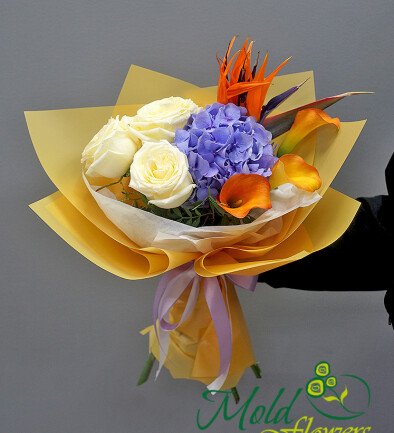 Buchet cu hortensie mov, trandafiri Candlelight, cale si strelitzia