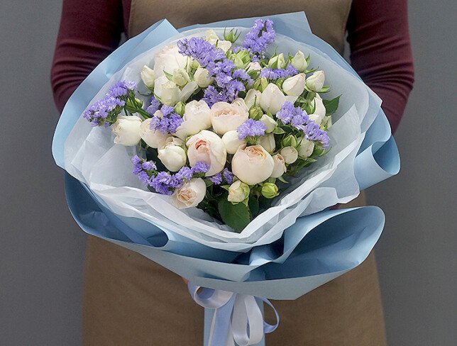 Bouquet of Peony Roses and Statice photo