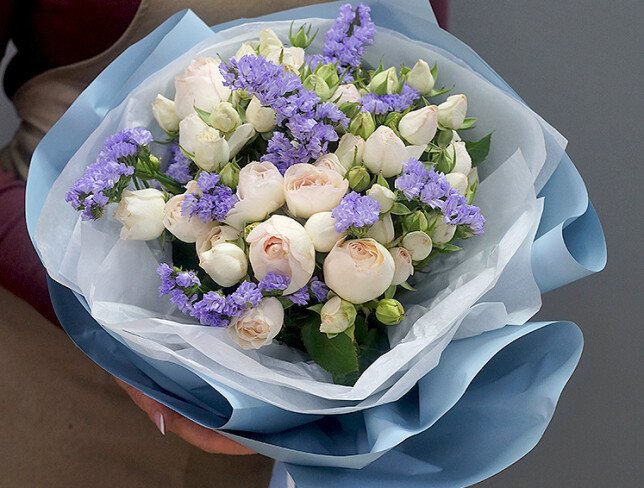 Bouquet of Peony Roses and Statice photo
