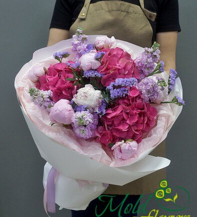 Bouquet of Pink Hydrangeas, Peonies and Matthiola Flowers “Delight of Love” photo 394x433