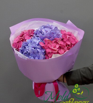 Buchet din hortensii roz aprins si violet „Emotii vii” foto 394x433