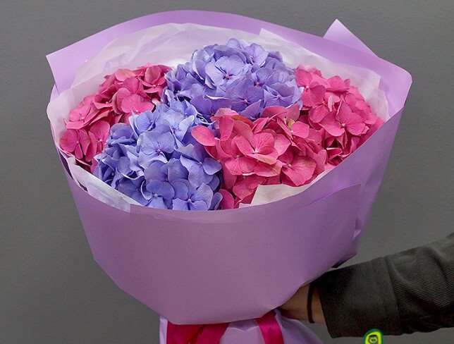 Buchet din hortensii roz aprins si violet „Emotii vii” foto
