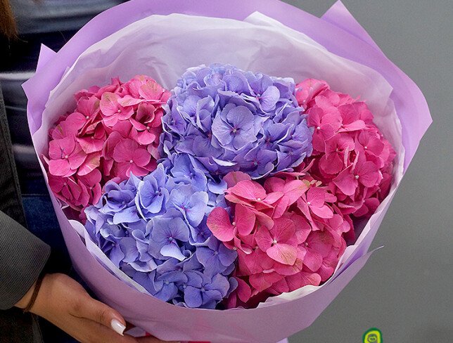 Buchet din hortensii roz aprins si violet „Emotii vii” foto