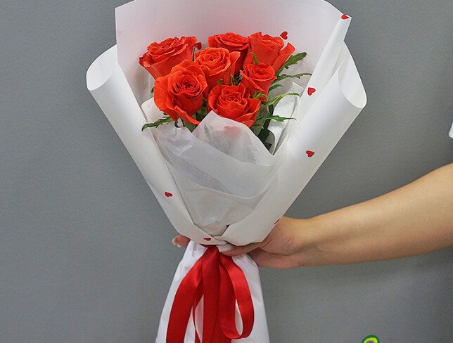 Bouquet of 7 Orange Roses 40 cm photo