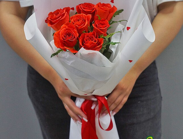Bouquet of 7 Orange Roses 40 cm photo