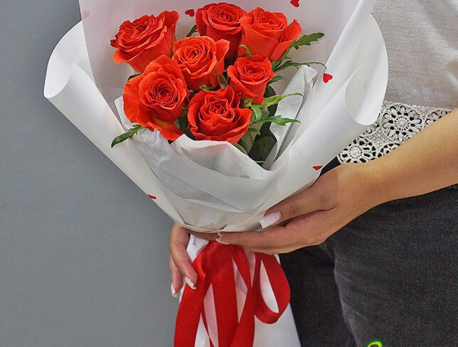 Bouquet of 7 Orange Roses 40 cm photo