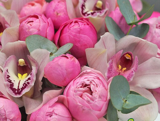 Box with Peony Roses and White Orchids photo