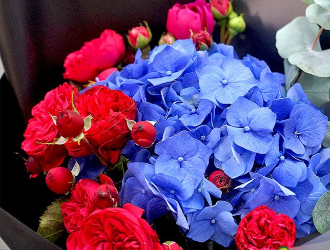 Buchet din hortensie albastra si trandafiri rosii foto