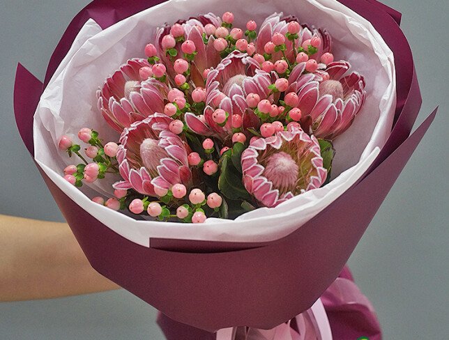 Exotic Bouquet with Protea and Pink Hypericum photo
