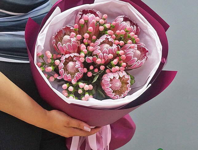 Exotic Bouquet with Protea and Pink Hypericum photo