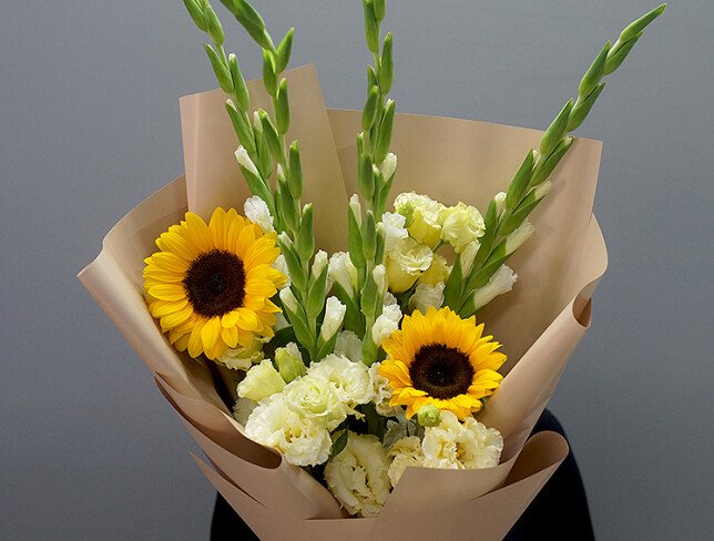 Bouquet with Sunflowers, White Gladiolus and Cream Eustoma photo