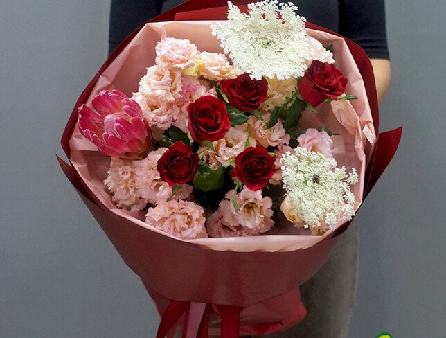 Bouquet with Red Roses, Cream Lisianthus  and Protea photo