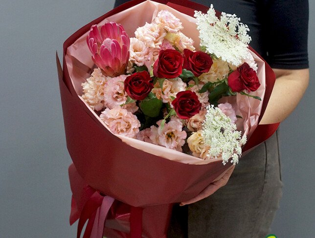 Bouquet with Red Roses, Cream Lisianthus  and Protea photo