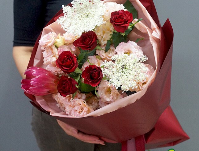 Bouquet with Red Roses, Cream Lisianthus  and Protea photo