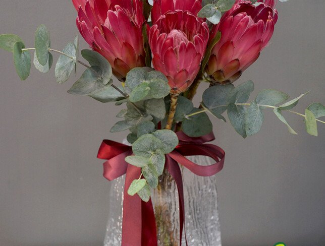 Vază + buchet din 7 protea și eucalipt foto