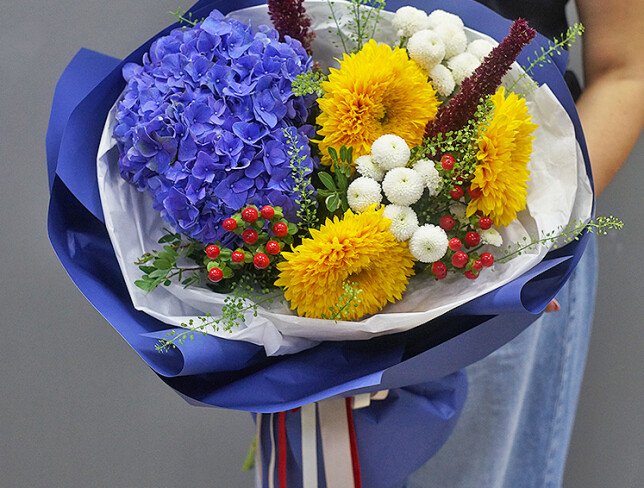 Bouquet of Fluffy Sunflowers and Purple Hydrangea photo