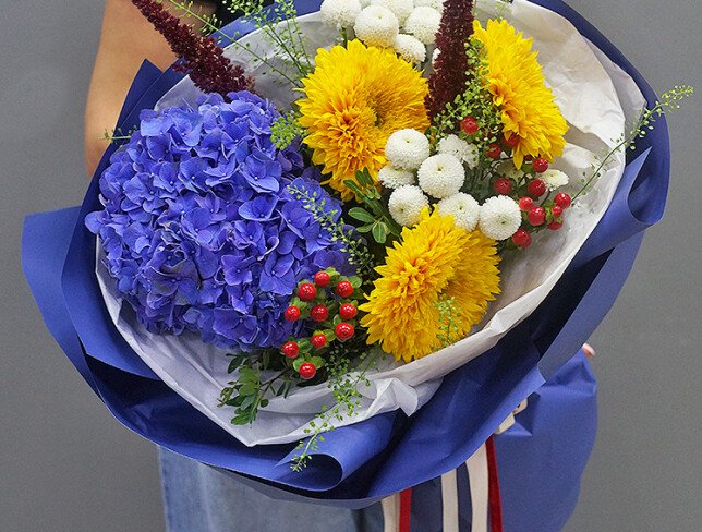 Bouquet of Fluffy Sunflowers and Purple Hydrangea photo