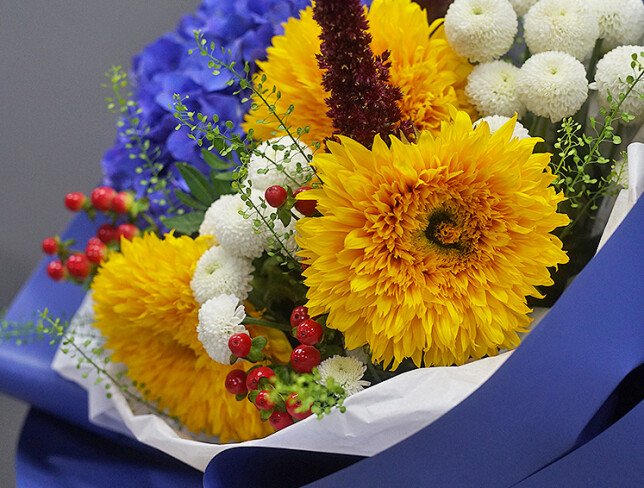 Bouquet of Fluffy Sunflowers and Purple Hydrangea photo