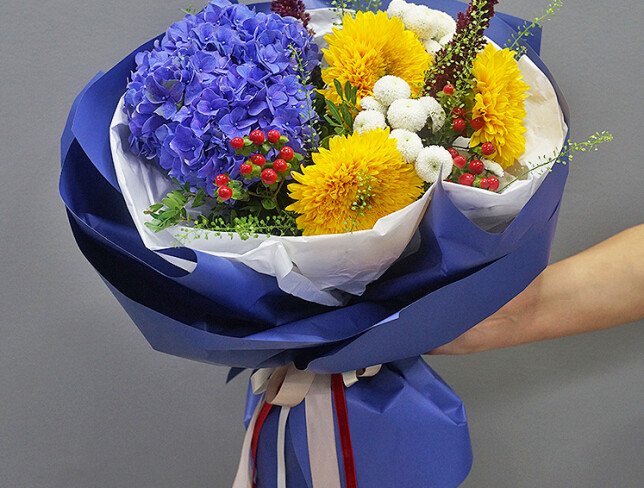Bouquet of Fluffy Sunflowers and Purple Hydrangea photo