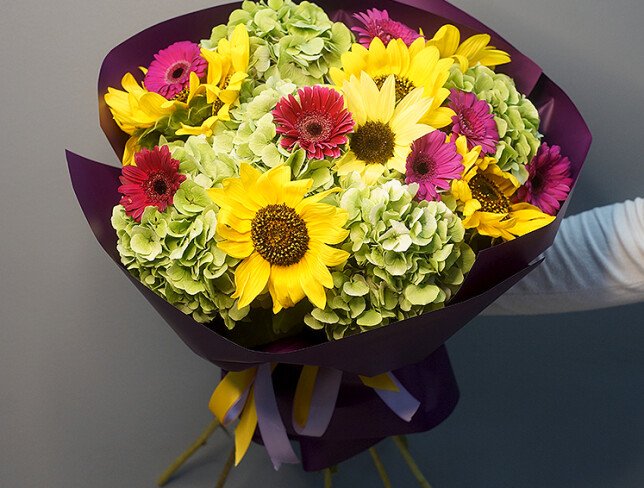 Bouquet with Green Hydrangea, Red Gerberas and Sunflowers photo
