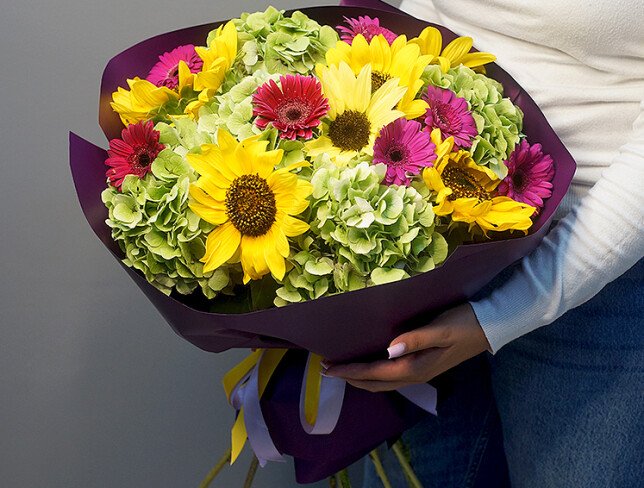 Bouquet with Green Hydrangea, Red Gerberas and Sunflowers photo